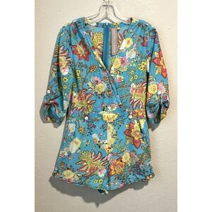Plum Pretty Sugar Women's Romper Size Small Floral Wrap Turquoise Blue Cotton